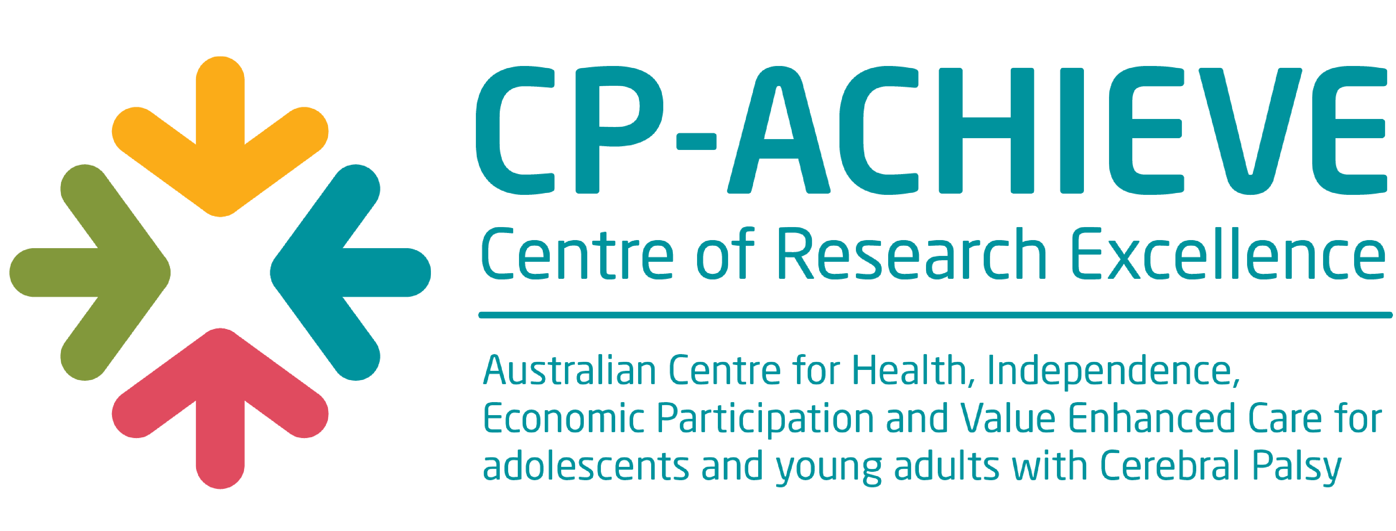 The CP-Achieve Centre of Research Excellence logo. Australian Centre for Health, Independence, Economic Participation, and Value Enhanced Care for adolescents and young adults with Cerebral Palsy.