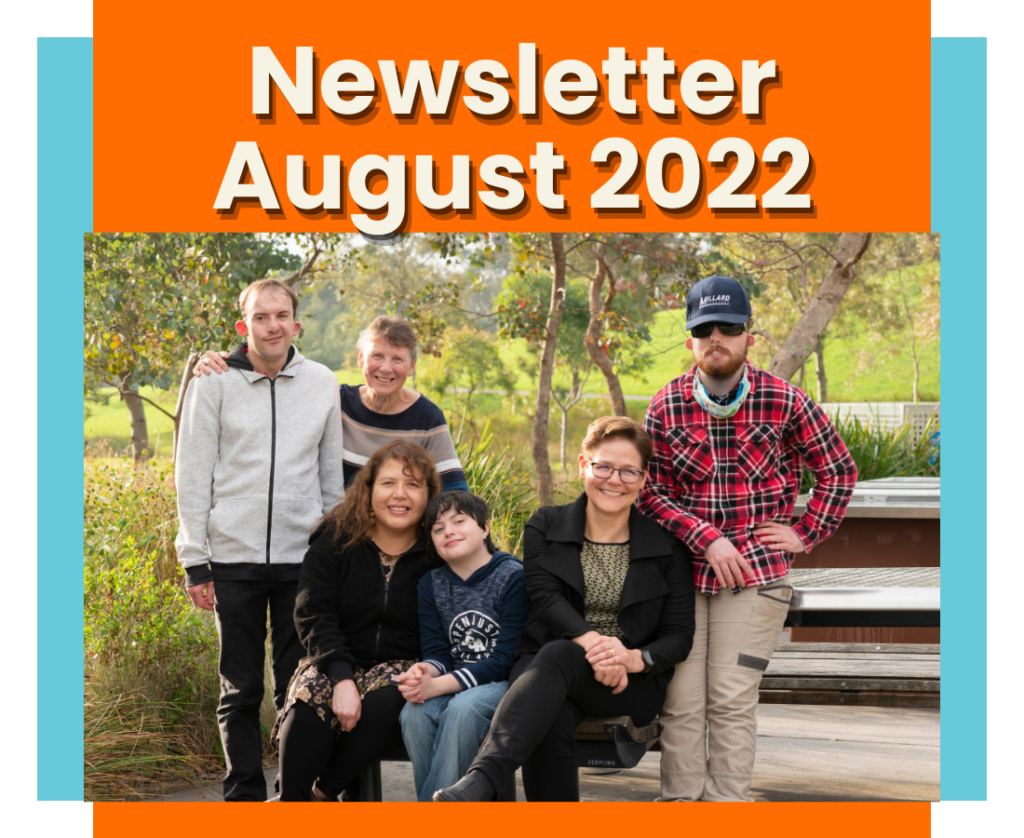 A cover page for our August 2022 newsletter. A picture of some of our consumer families at the park is in the center.