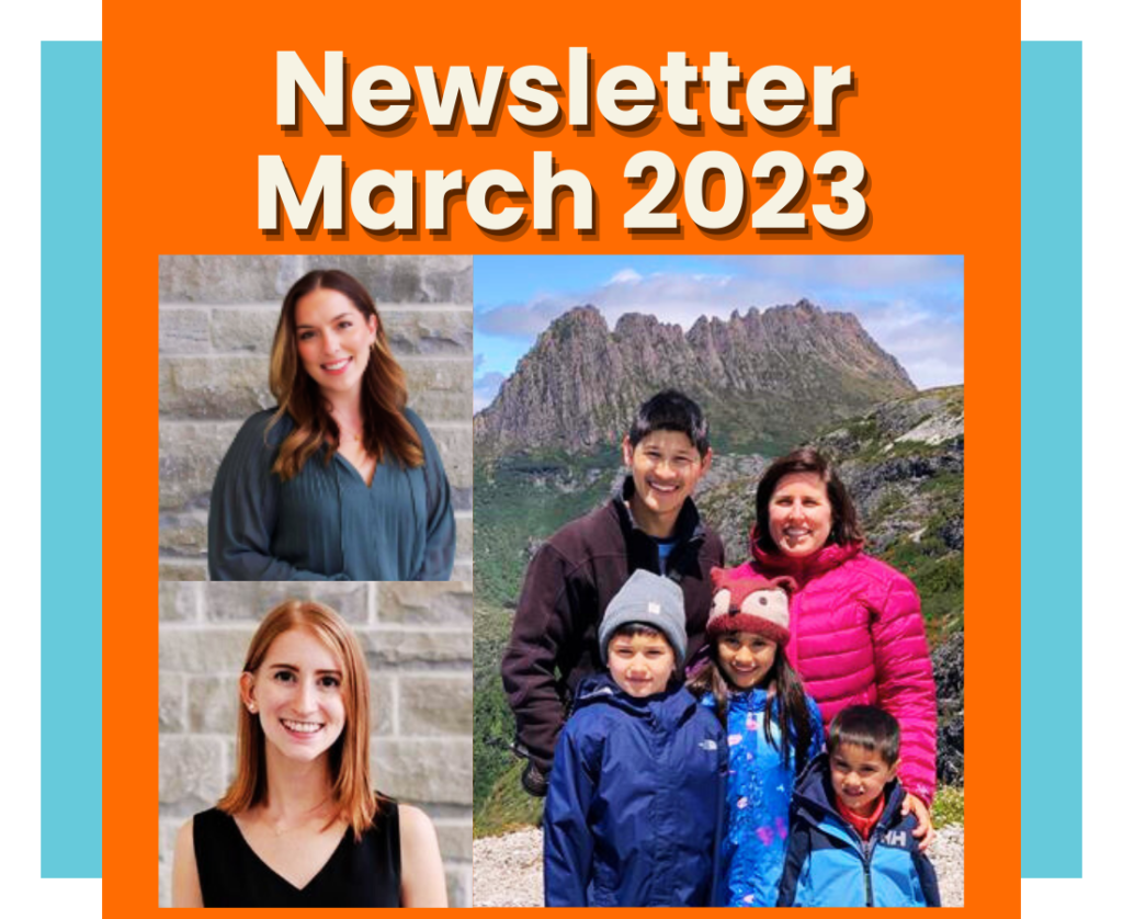 A cover page for our March 2023 newsletter. Three pictures of our visiting scholars from Canada are visible.