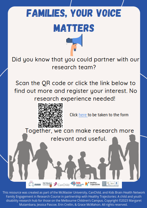 A flyer for a tool developed to encourage families' participation in research. The title reads 'Families, Your Voice Matters'