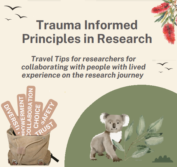 Dark text on a light background. Text reads: Trauma Informed Principles in Research. Travel Tips for researchers for collaborating with people with lived experience on the research journey. Below the text is an image of a backpack on the left and a koala on the right,