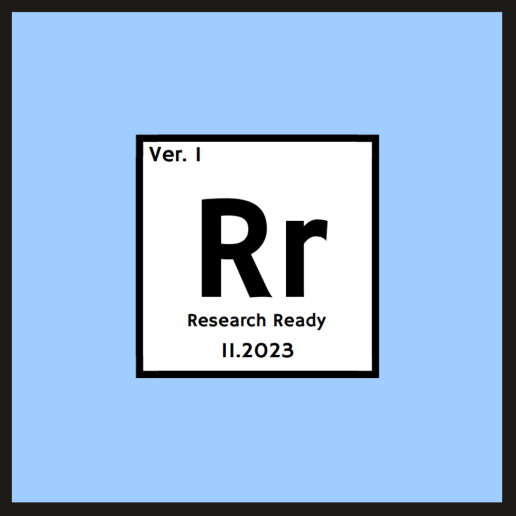 Blue square with a black border. In the centre is the Research Ready logo in a white square with Big R & little r.
