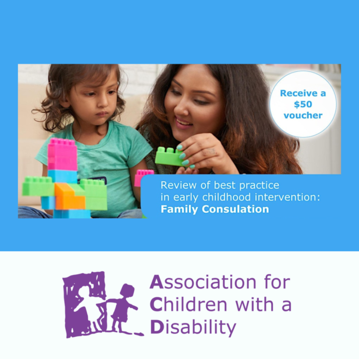 Poster showing a woman and a child playing with colourful blocks above the Association for Children with a Disability logo.