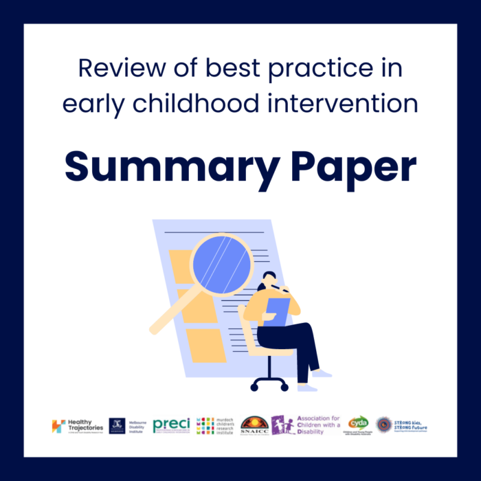 Text reading 'Review of best practice in early childhood intervention Summary Paper' above a graphic of a person sat on a chair with a magnifying glass.